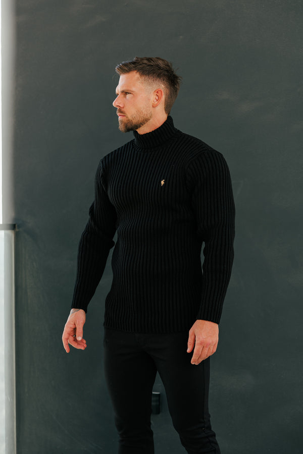 Schwarzer Rollkragenpullover aus Rippstrick für Vater und Sohn – FSJ113 (VORBESTELLUNG 12. NOVEMBER)