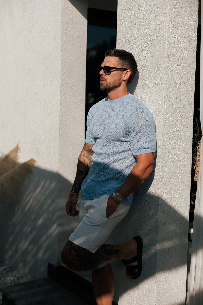 Father Sons Crochet Crew T-Shirt Blue Short Sleeve - FSJ088