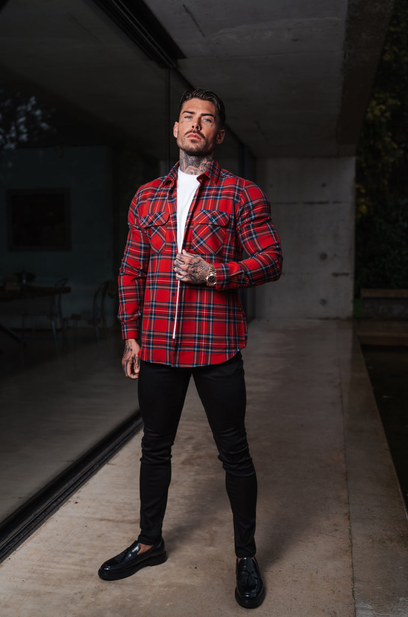 Vater Söhne Rot Tartan Check Shacket mit Doppeltaschen - FS1036