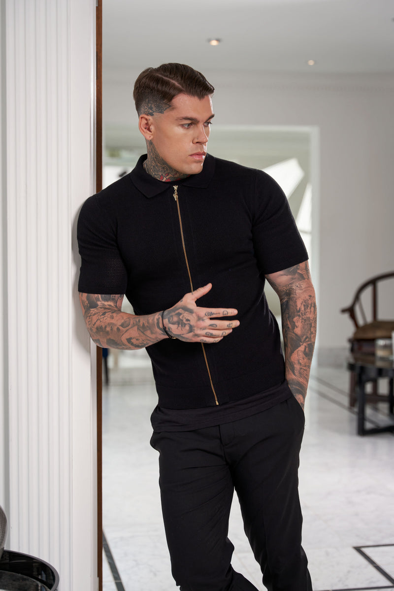 Vater Söhne Klassisches Strickmuster mit Strukturdesign und durchgehendem Reißverschluss, schwarze Kurzarm - FSN151