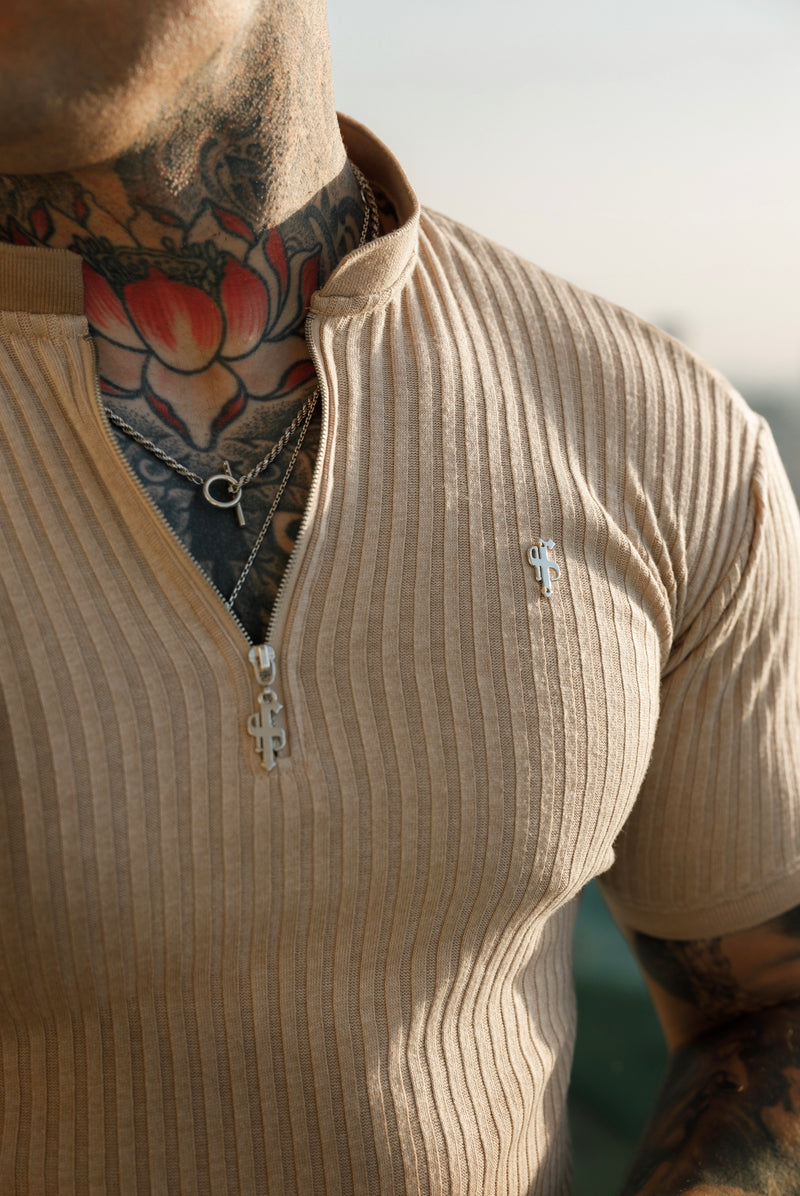 Father Sons Classic Beige/Beige geripptes silbernes Hemd mit Reißverschluss und Grandad-Kragen, kurze Ärmel – FSH916