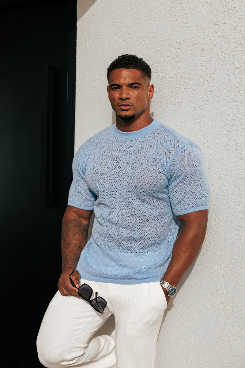 Father Sons Crochet Crew T-Shirt Blue Short Sleeve - FSJ088