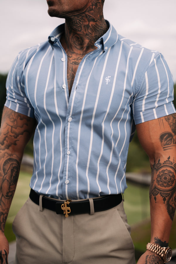 Father Sons Classic Mid Blue und White Large Woven Stripe Short Sleeve – FS978