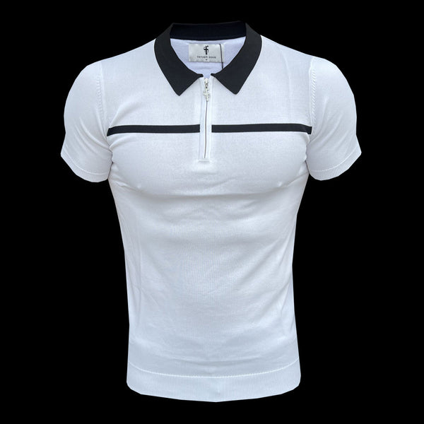 Father Sons klassisches kurzärmliges Poloshirt mit Reißverschluss in Weiß/Schwarz mit horizontalen Streifen – FSN043