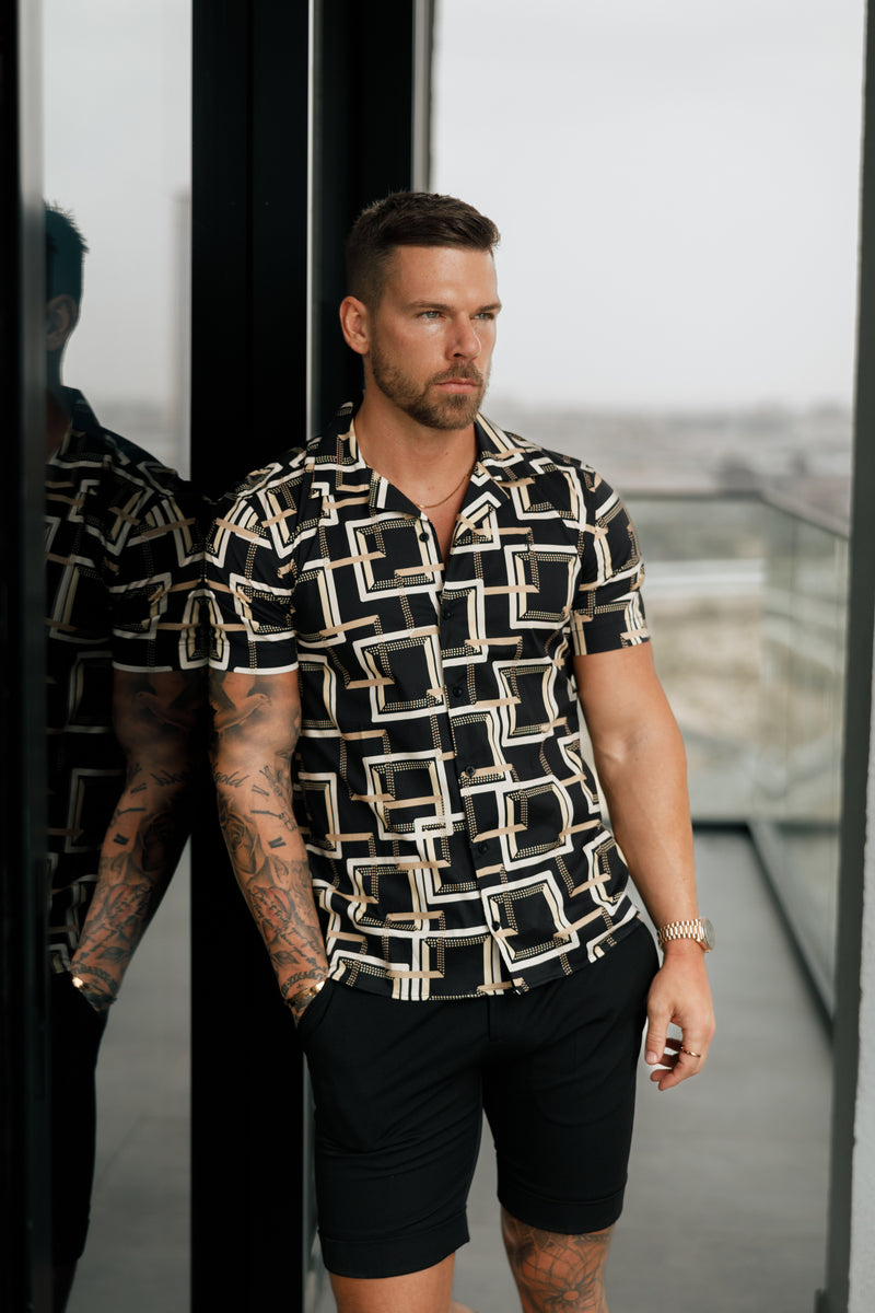 Father Sons Hawaiian Boxy Black / Cream Interlinked Square Print Stretch with Revere Collar Short Sleeve - FS997