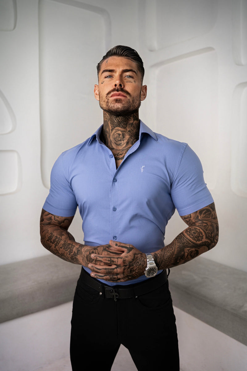 Vater-Söhne-Muscle-Fit-Shirt mit fortschrittlichem Stretch, mittelblau, kurzärmlig, mit Cutaway-Kragen – FS1203