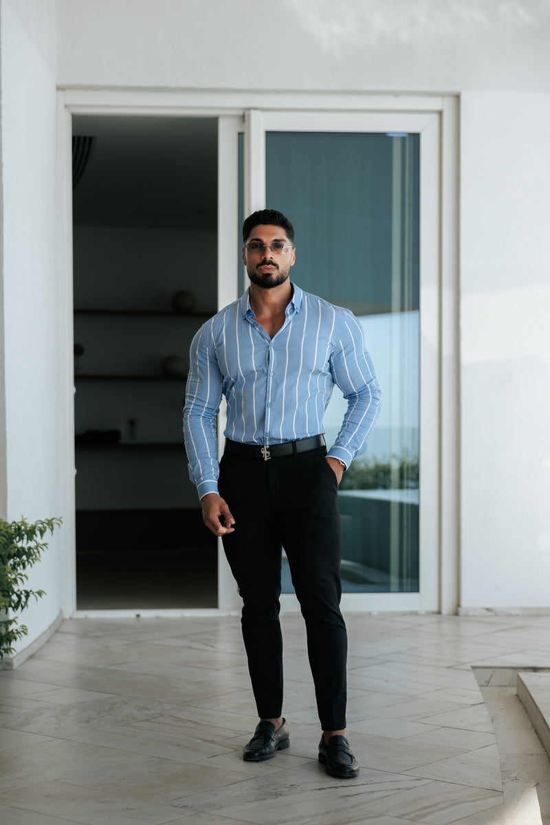 Father Sons Super Slim Stretch Blau bedrucktes Langarmshirt mit breiten Streifen und Button-Down-Kragen - FS1053