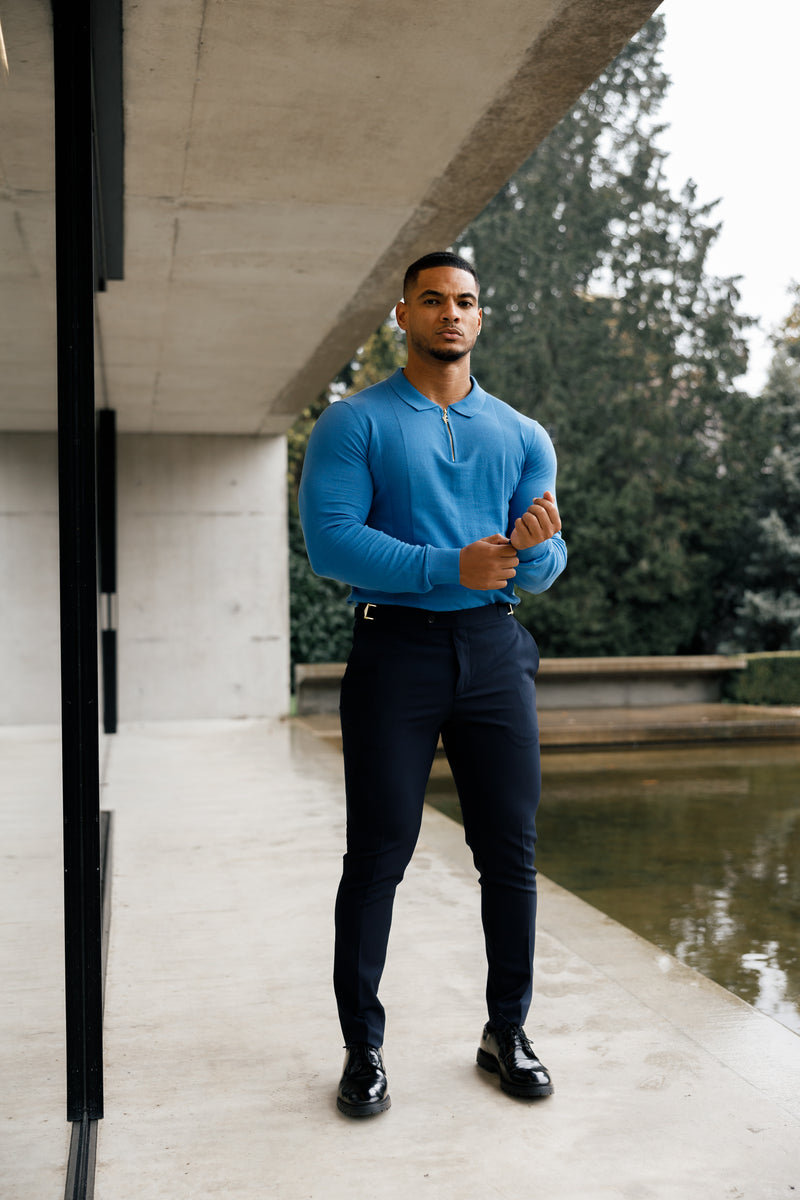 Father Sons klassisches gestricktes Poloshirt mit Reißverschluss in Mittelblau und Gold, langärmlig – FSN129