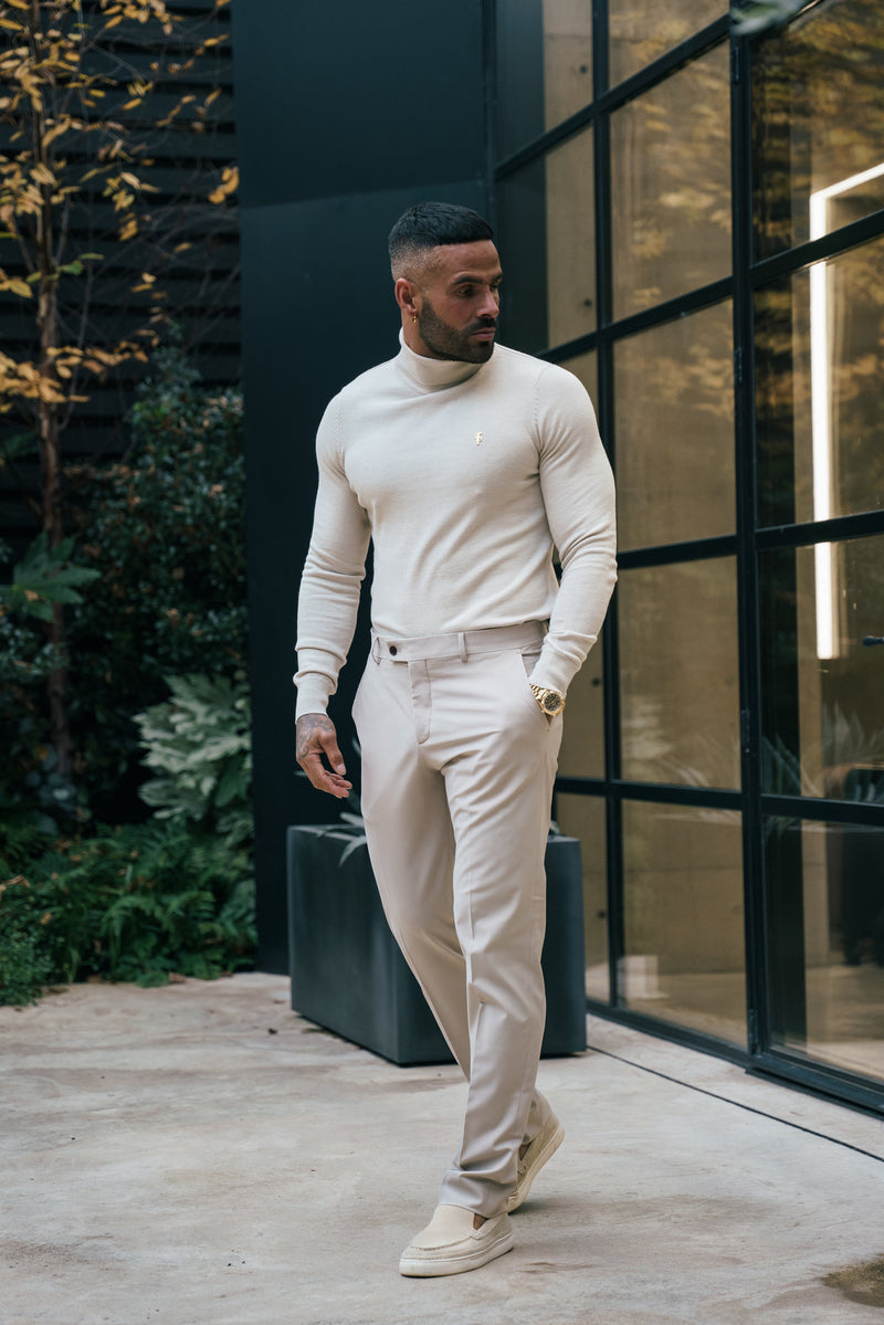 Father Sons klassischer weißer Rollkragenpullover aus Merinowolle mit FS-Stickerei – FSN018