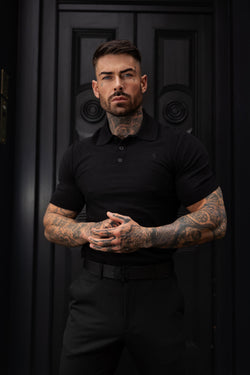 Father Sons Classic Black Knitted Polo Jumper Short Sleeve With Tonal FS Embroidery- FSN143