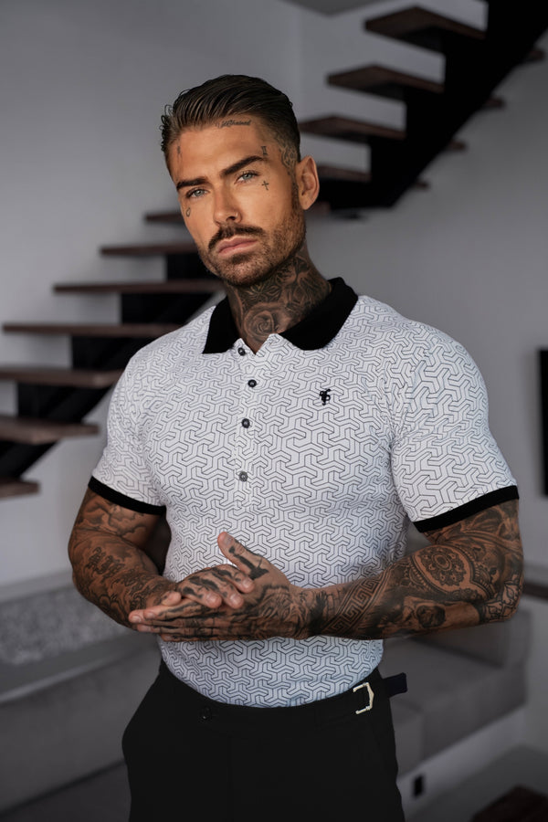 Vater-Söhne-Poloshirt mit geometrischem Muster, weiß/schwarz – FSH1233