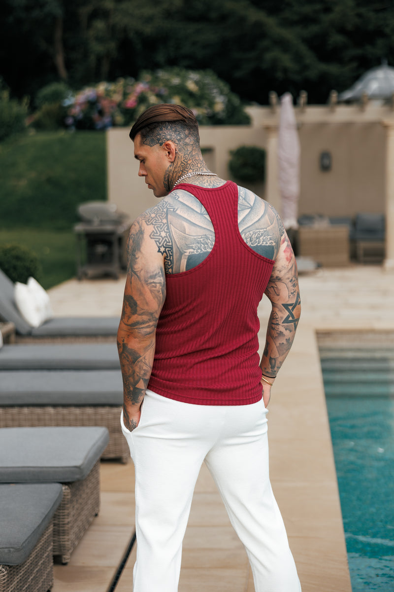 Klassische, superschmale Weste aus Rippstrick in Burgunderrot/Schwarz für Vater und Sohn – FSH1326