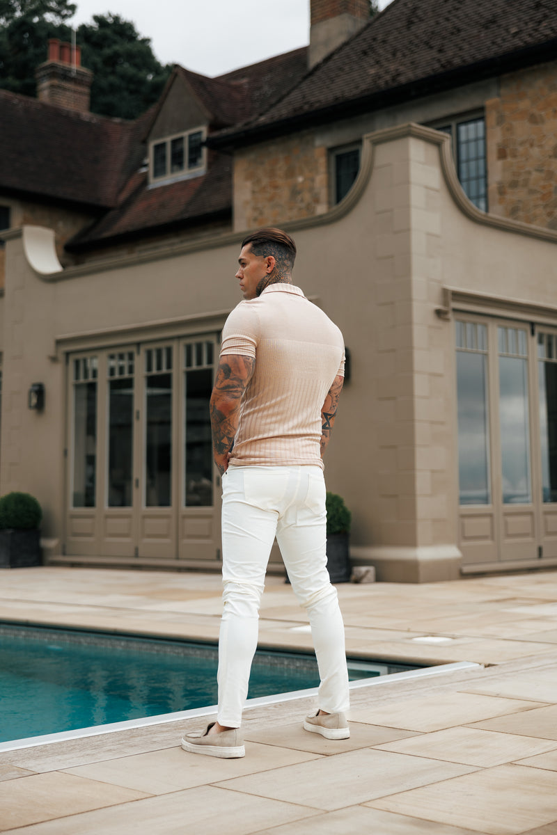 Vater-Sohn-Jersey-Hemd mit Revers und vertikalen Streifen, kurzärmlig, Beige – FSR026