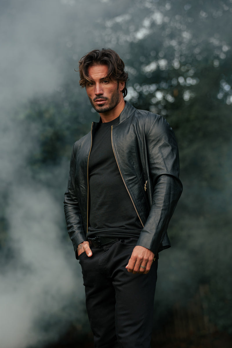 Father Sons Black Lambs Leather Jacket With Gold Zips - FSH610