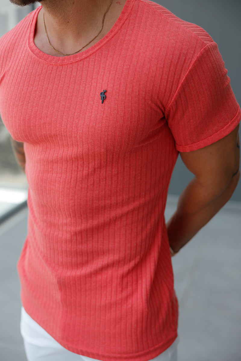 Father Sons Classic Coral / Black Ribbed Knit Super Slim Short Sleeve Crew - FSH1086