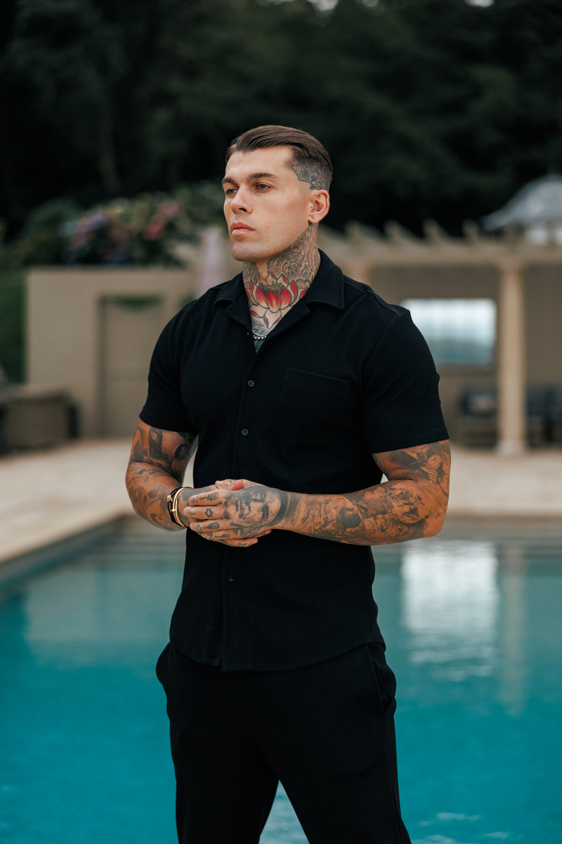 Vater-Söhne-Jersey-Cord-Stretch-Hemd mit Revers, kurzärmelig, Schwarz – FSR018