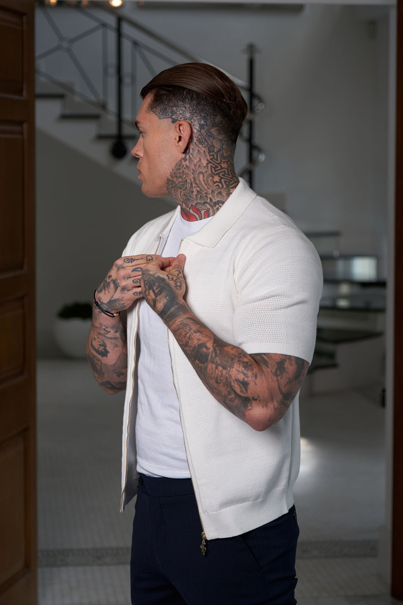 Father Sons Classic Knitted Textured Design With Full Length Zip Off White Short Sleeve - FSN152