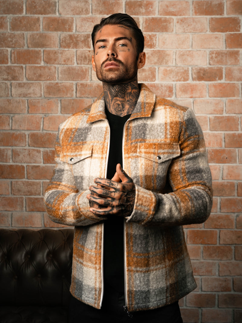 Father Sons Boucle-Jacke mit Reißverschluss und Karomuster, Hellbraun – FSN157