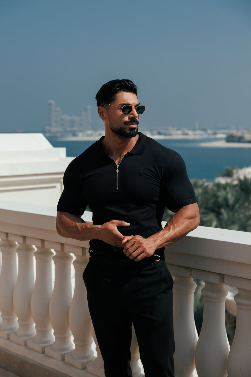 Father Sons klassisches schwarz-goldenes Poloshirt mit Reißverschluss – FSH239