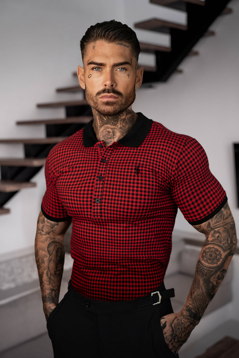 Vater-Söhne-Poloshirt mit Karomuster, schwarz/rot – FSH1259