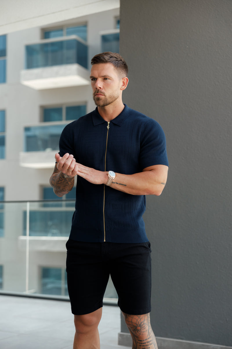 Father Sons Classic Knitted Geo Design With Full Length Zip Navy Short Sleeve - FSN149
