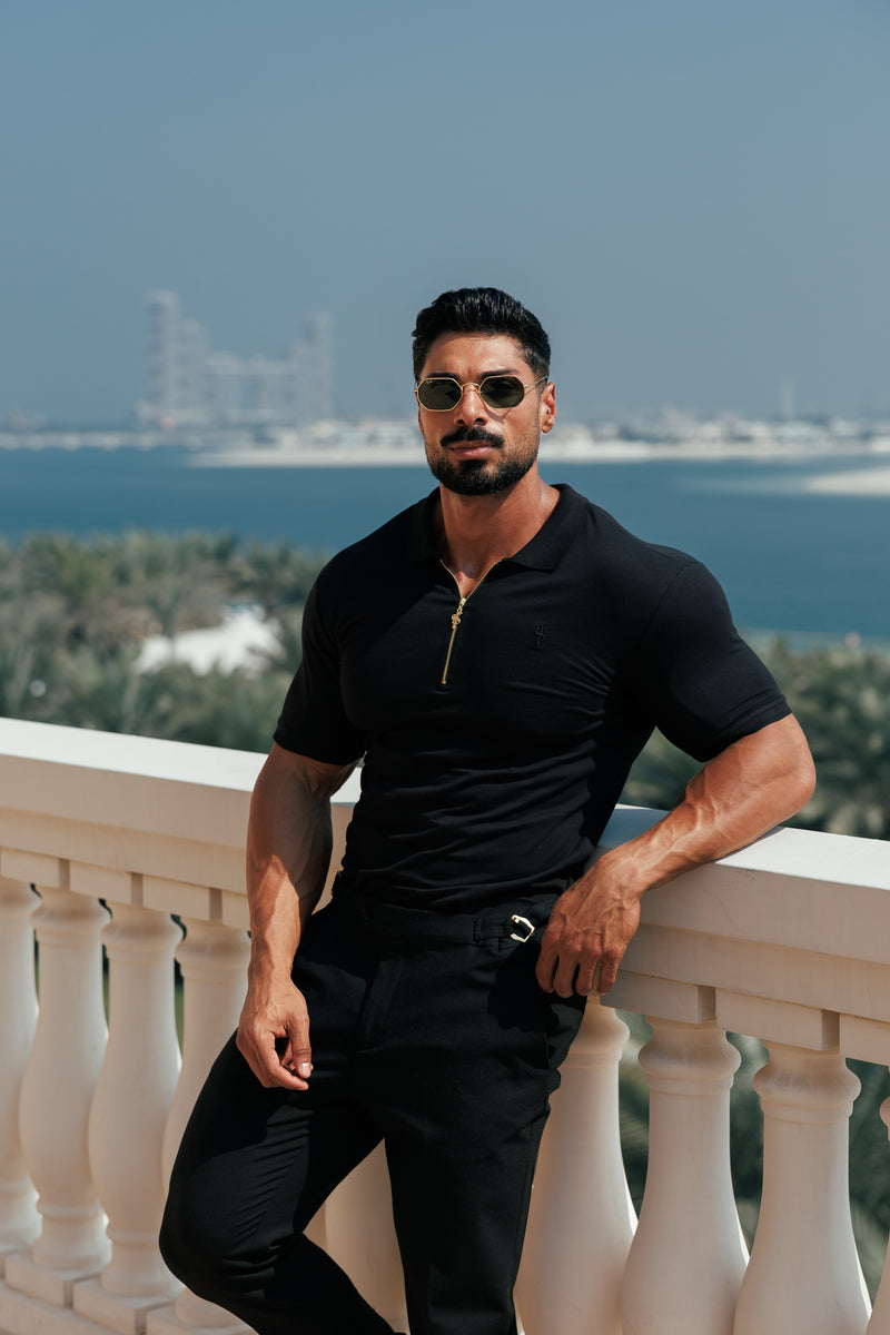 Father Sons klassisches schwarz-goldenes Poloshirt mit Reißverschluss – FSH239