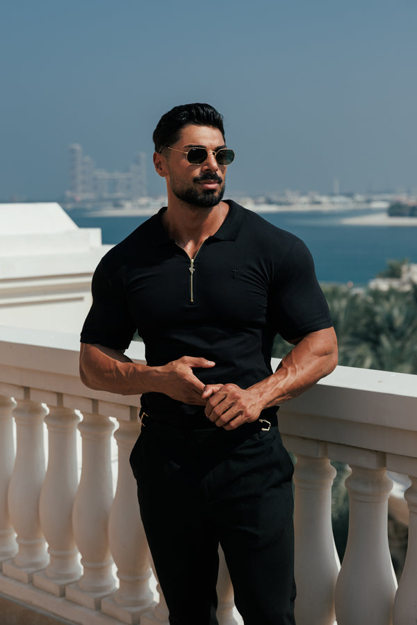 Father Sons klassisches schwarz-goldenes Poloshirt mit Reißverschluss – FSH239