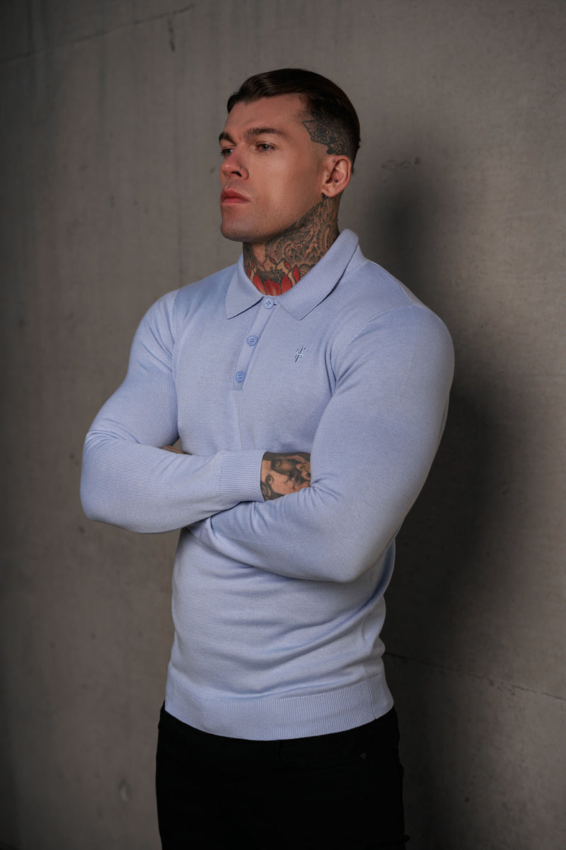 Father Sons Classic Pale Blue Knitted Polo Jumper Long Sleeve With Tonal FS Embroidery- FSN142