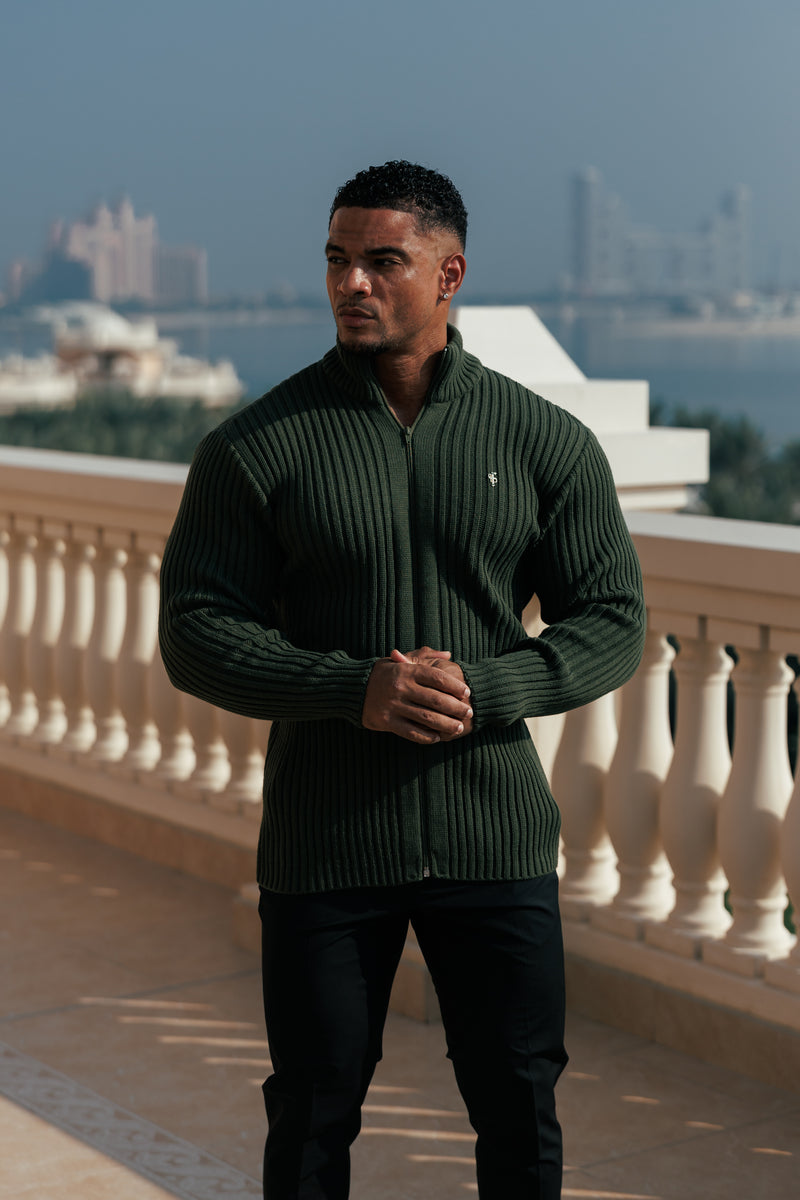 Father Sons Chunky Olive Ribbed Zipped Cardigan with Gold Emblem- FSJ095