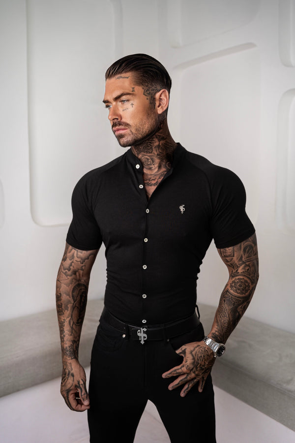 FS Slim Bamboo Raglan Grandad Kragen Schwarz Kurzarm - FSH1165