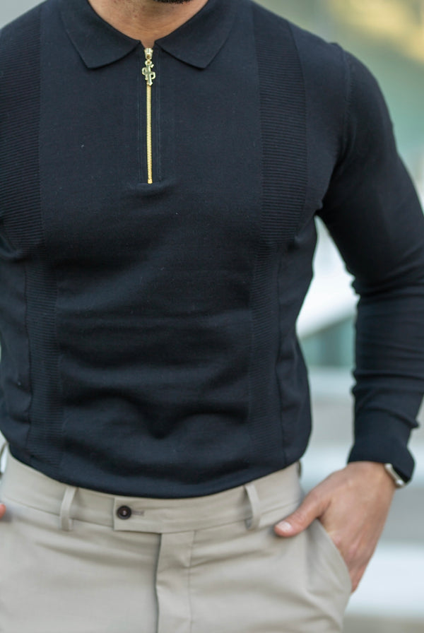 Father Sons klassisches schwarz-goldenes Strick-Poloshirt mit Reißverschluss, langärmlig – FSN126
