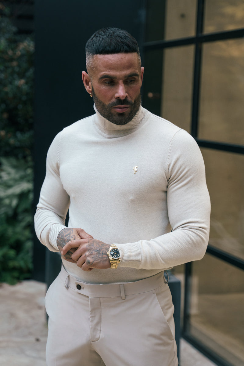 Father Sons klassischer weißer Rollkragenpullover aus Merinowolle mit FS-Stickerei – FSN018