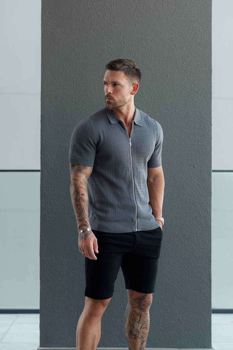 Father Sons - Klassisches Strick-Oberteil mit Geo-Design und durchgehendem Reißverschluss, Gunmetal, Kurzarm - FSN150