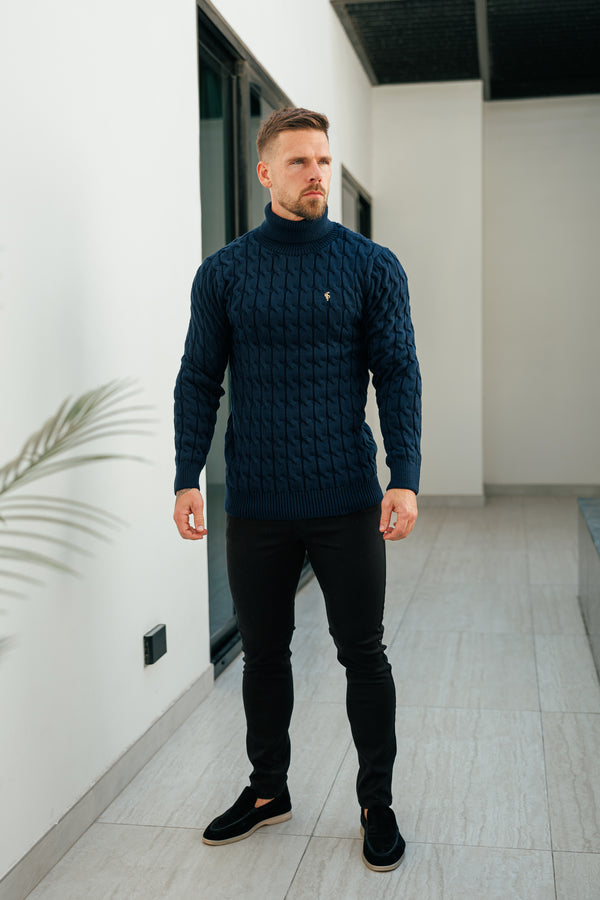 Navyblauer Rollkragenpullover aus Link Weave-Strick von Father Sons – FSJ103 (VORBESTELLUNG 12. NOVEMBER)