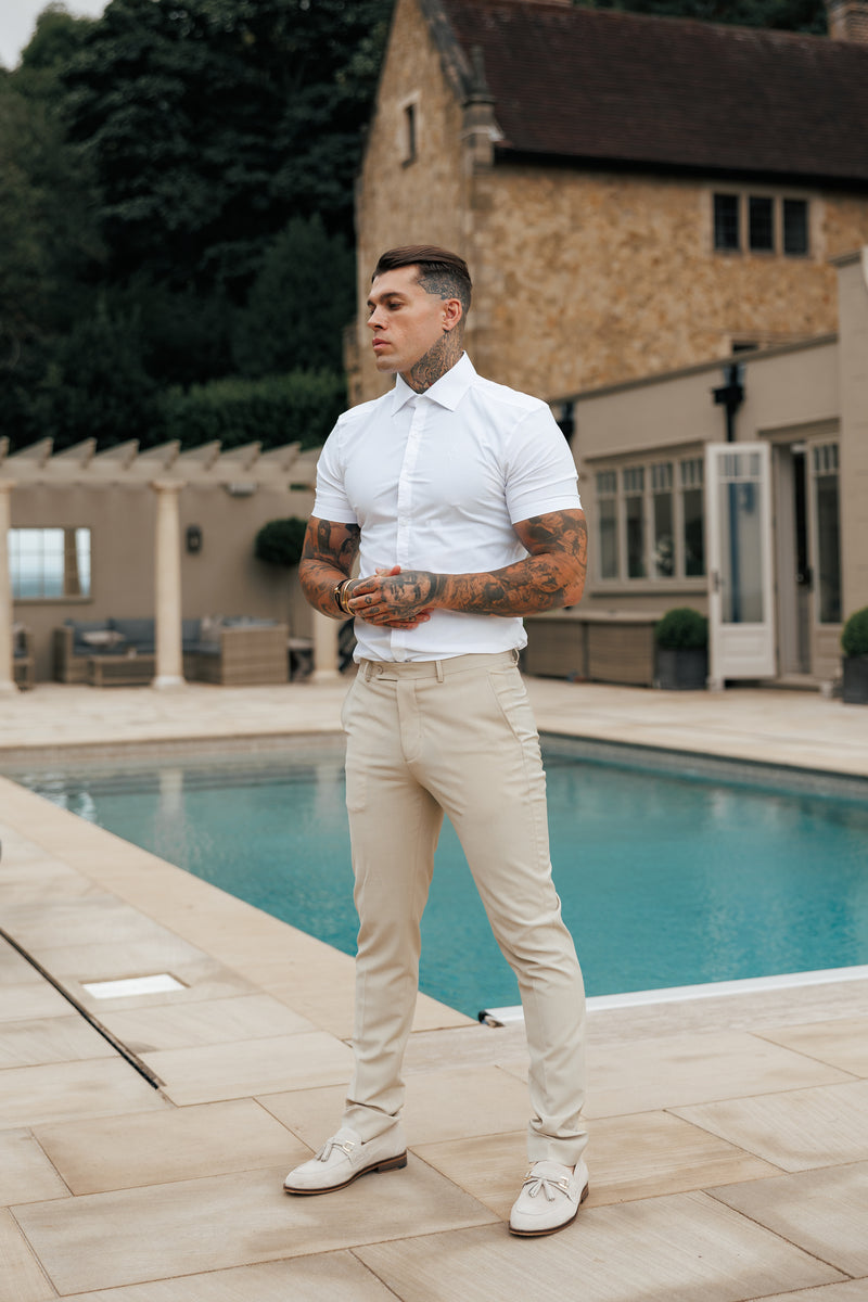 Vater-Söhne-Shirt, superschlank, dehnbar, klassisch, weiß, kurzärmlig, mit Cutaway-Kragen – FS1184