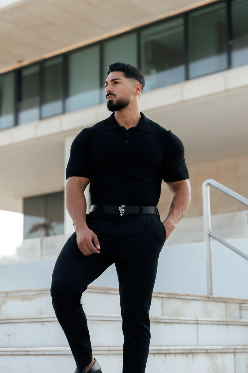 Father Sons klassisches schlichtes schwarzes Strick-Poloshirt mit kurzen Ärmeln – FSN108