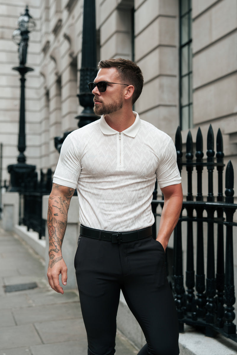 Klassisches Jacquard-Poloshirt mit weißem Chevron-Reißverschluss von Vater und Sohn – FSR020 (VORBESTELLUNG 11. AUGUST)