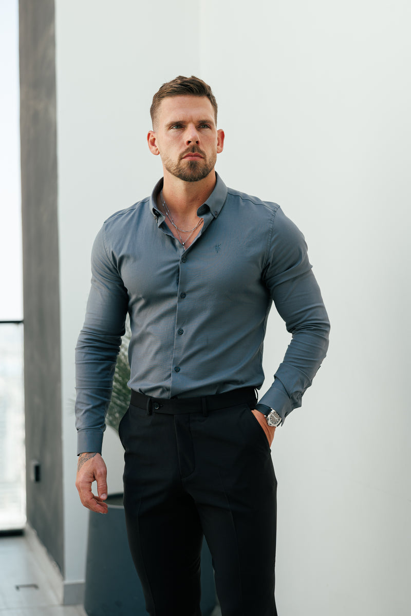 Vater-Söhne-Oxford-Hemd, klassisch, langärmlig, Anthrazit, mit Button-Down-Kragen – FS1221