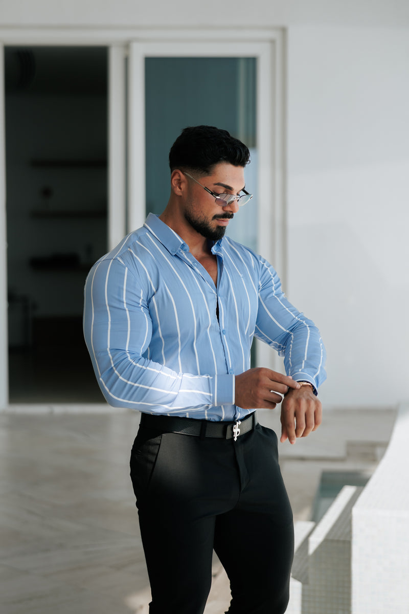 Father Sons Super Slim Stretch Blau bedrucktes Langarmshirt mit breiten Streifen und Button-Down-Kragen - FS1053