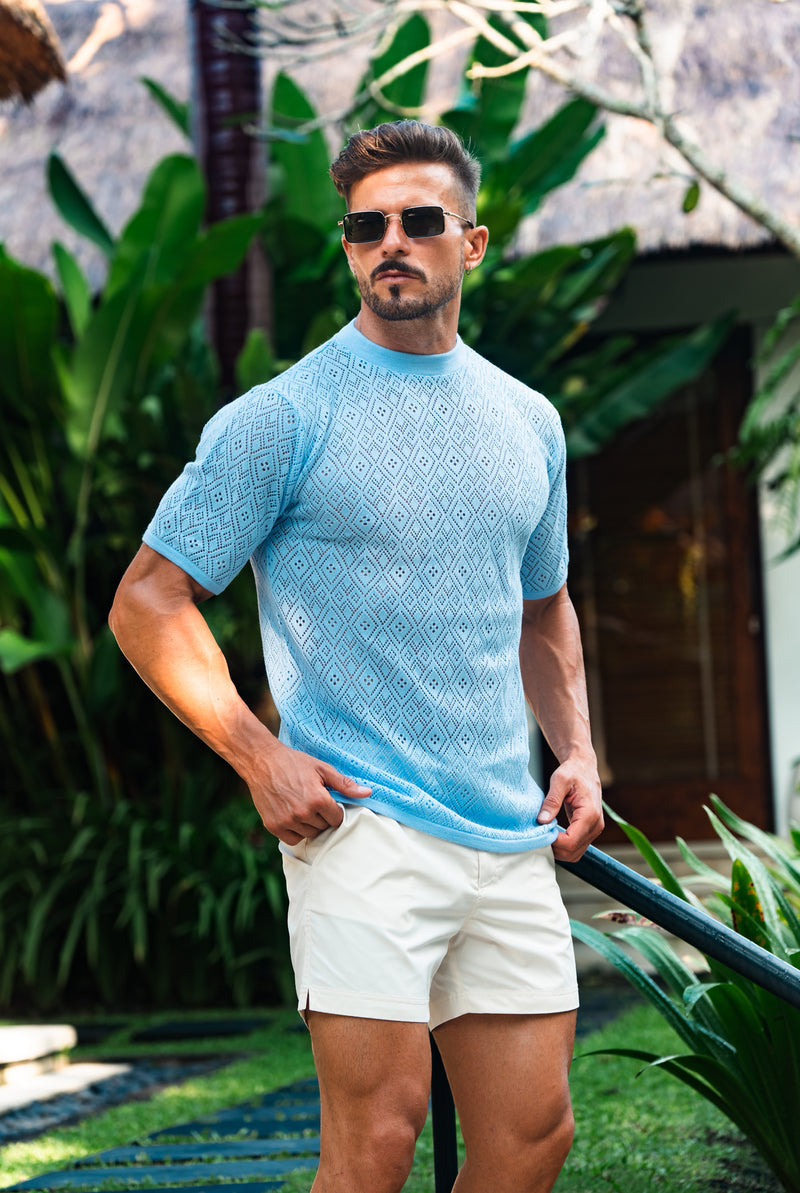 Father Sons Crochet Crew T-Shirt Blue Short Sleeve - FSJ088 (PRE ORDER 17TH JUNE)