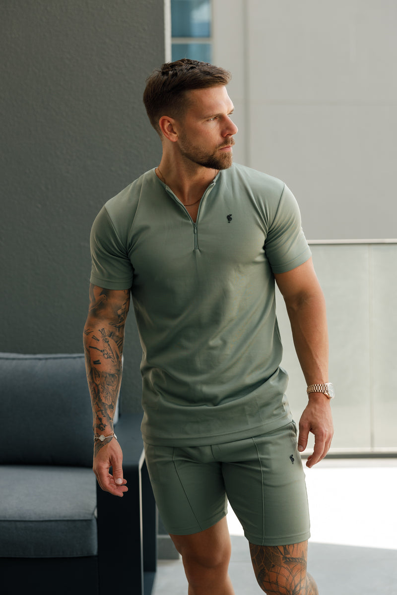 Father Sons Scuba Olivgrün/Schwarz Crew T-Shirt mit Reißverschlussdetail Kurzarm - FSH1110
