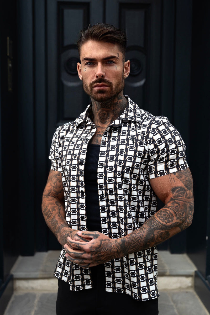 Father Sons Hawaiian Boxy Black / Cream / Taupe Link Print with Revere Collar Short Sleeve - FS996