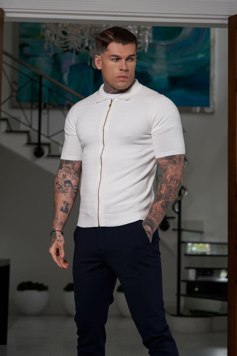 Father Sons Classic Knitted Textured Design With Full Length Zip Off White Short Sleeve - FSN152