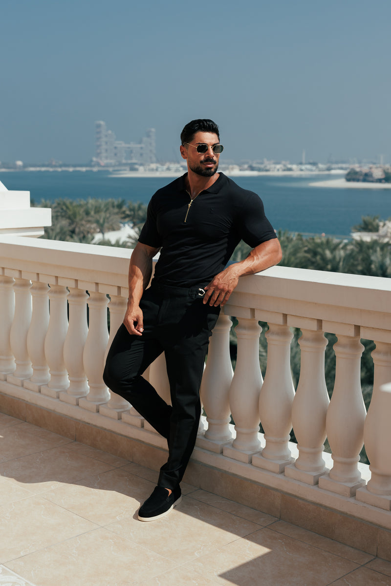 Father Sons klassisches schwarz-goldenes Poloshirt mit Reißverschluss – FSH239