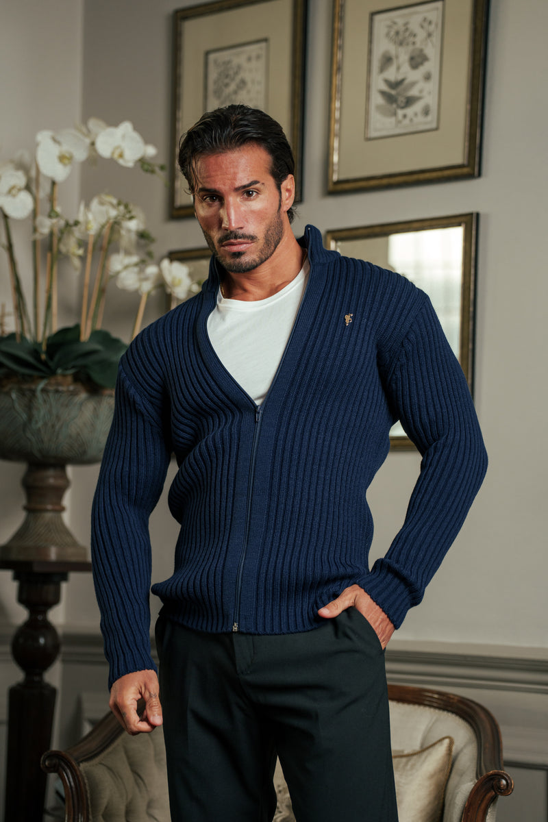 Father Sons Chunky Navy Splash Ribbed Zipped Cardigan with Gold Emblem- FSJ098