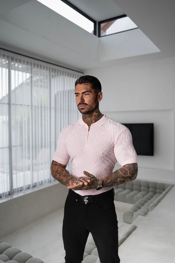 Klassisches Jacquard-Poloshirt mit Reißverschluss und Chevron-Muster, Rosa, für Vater und Sohn – FSR022
