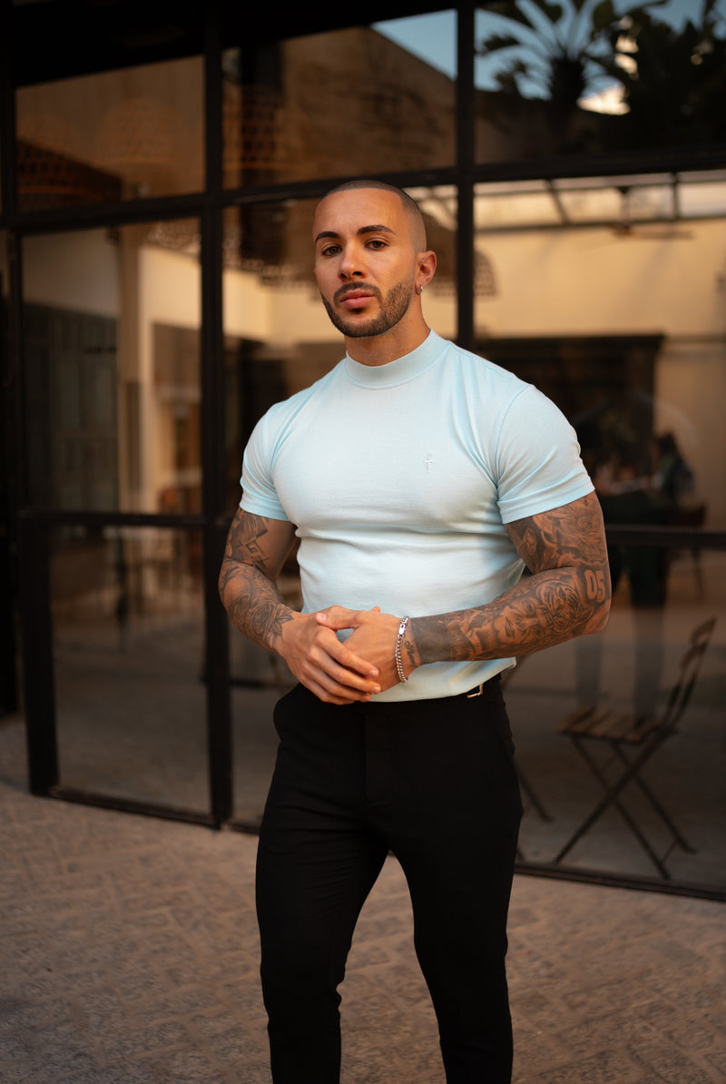 FS Geripptes Stehkragen-Rundhalsshirt mit kurzen Ärmeln, Babyblau – FSH1136