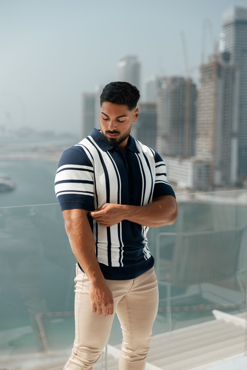 Father Sons Classic Navy/Off White Gestricktes Poloshirt mit vertikalen Streifen, kurzärmlig – FSN105