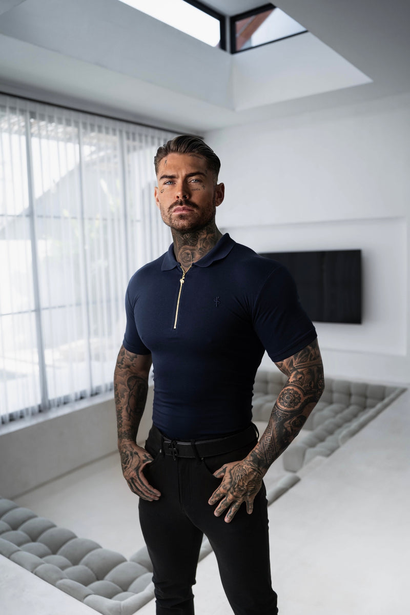 Father Sons klassisches Poloshirt mit Reißverschluss in Marineblau und Gold – FSH809