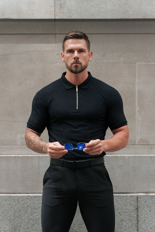Father Sons Classic Jacquard Black Chevron Zipped Polo - FSR019